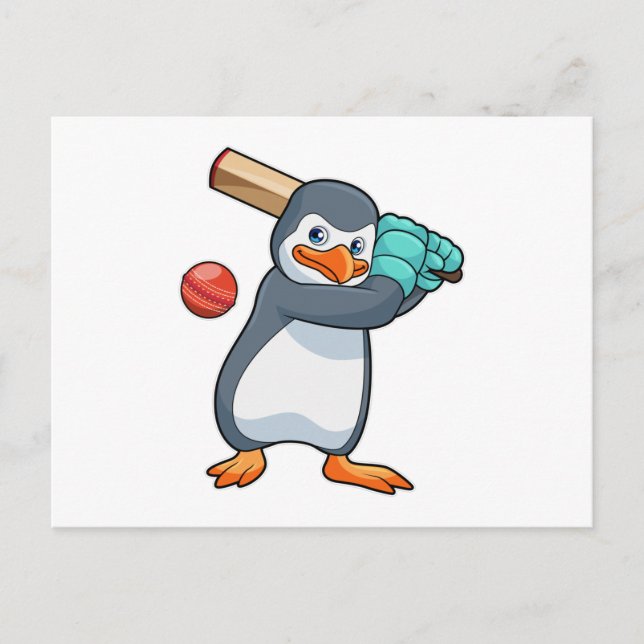 Penguin at Cricket with Cricket bat Postcard (Front)