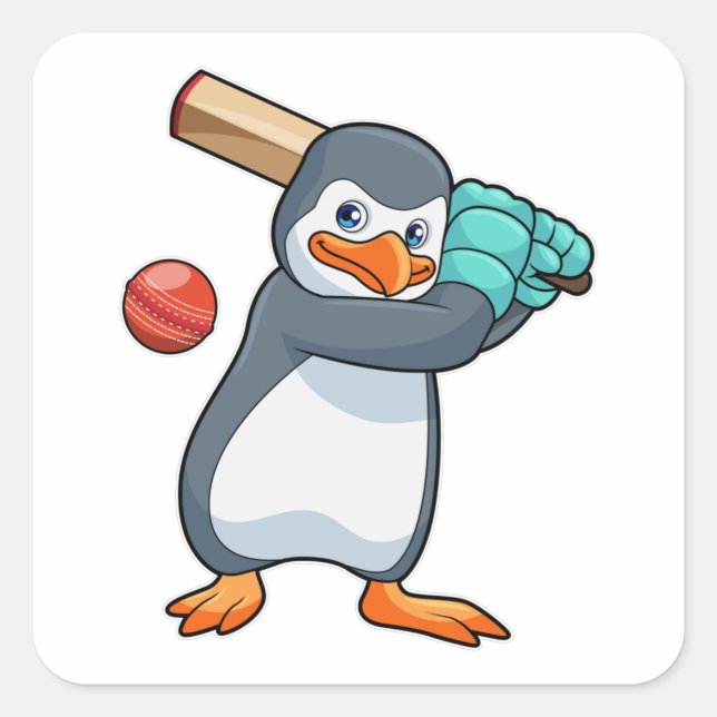 Penguin at Cricket with Cricket bat Square Sticker (Front)