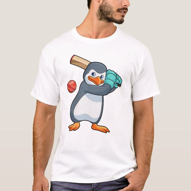 Penguin at Cricket with Cricket bat T-Shirt (Front)