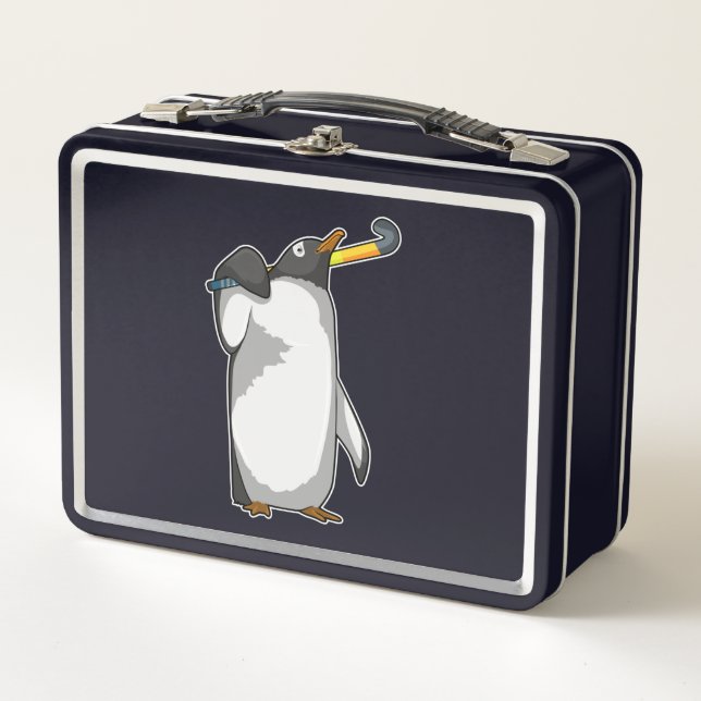 Penguin at Hockey with Hockey stick Metal Lunch Box (Front)