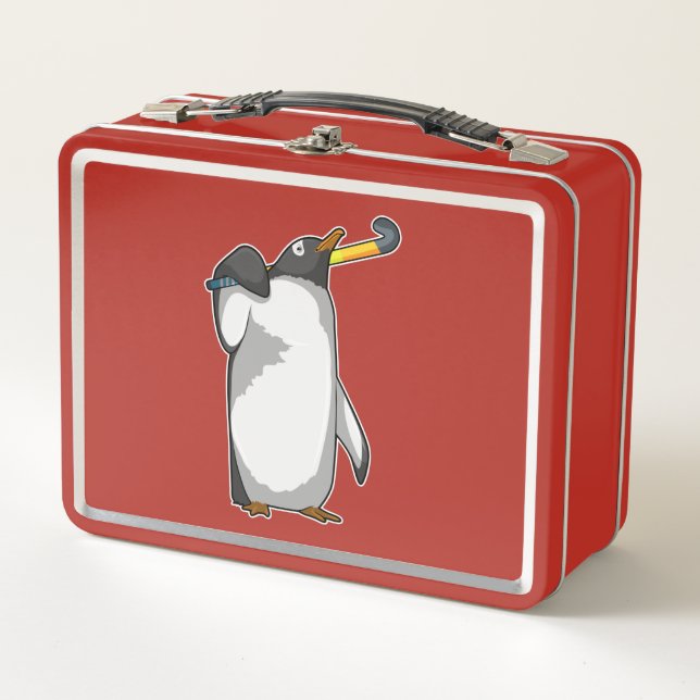 Penguin at Hockey with Hockey stick Metal Lunch Box (Front)
