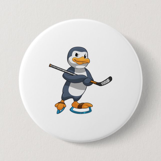 Penguin at Ice hockey with Ice hockey stick 7.5 Cm Round Badge (Front)