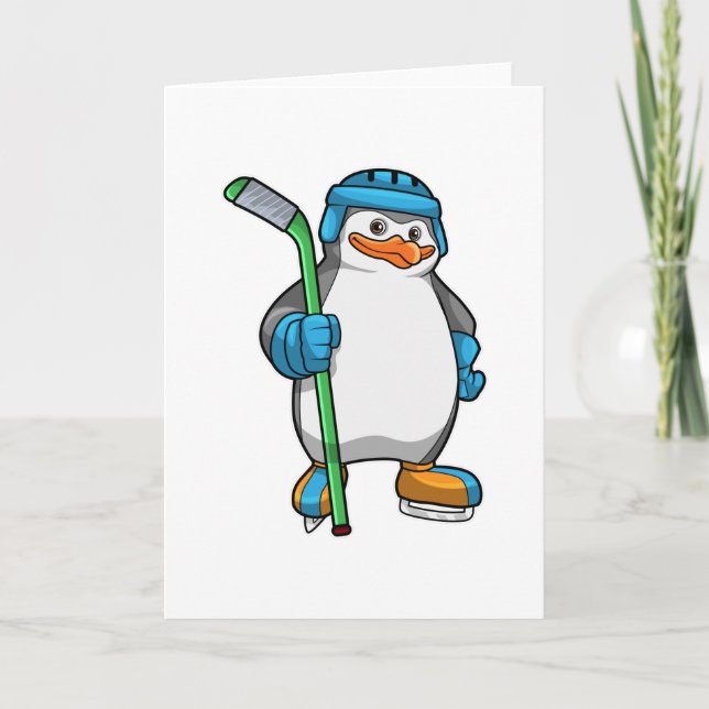 Penguin at Ice hockey with Ice hockey stick Card (Front)