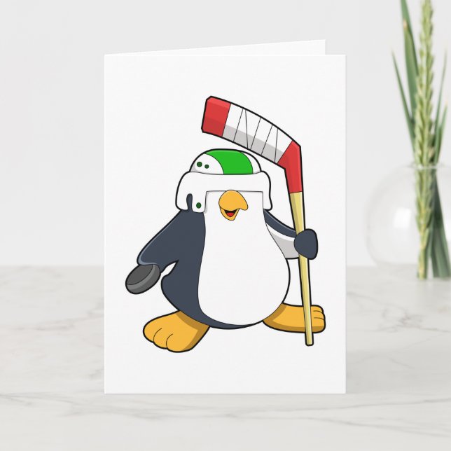 Penguin at Ice hockey with Ice hockey stick Card (Front)