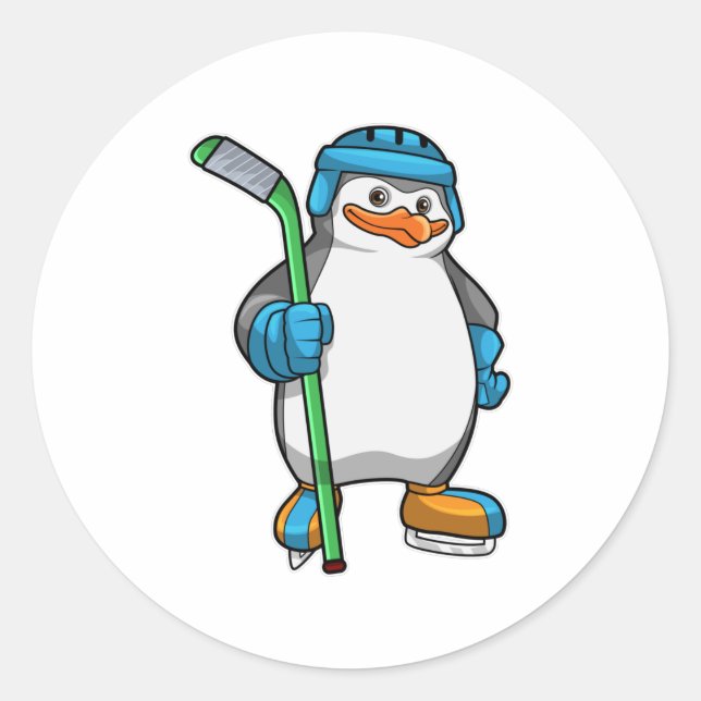 Penguin at Ice hockey with Ice hockey stick Classic Round Sticker (Front)