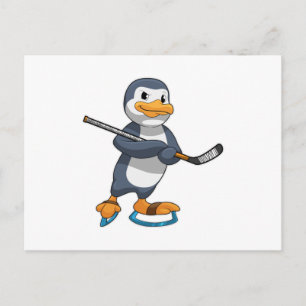 Penguin at Ice hockey with Ice hockey stick Postcard