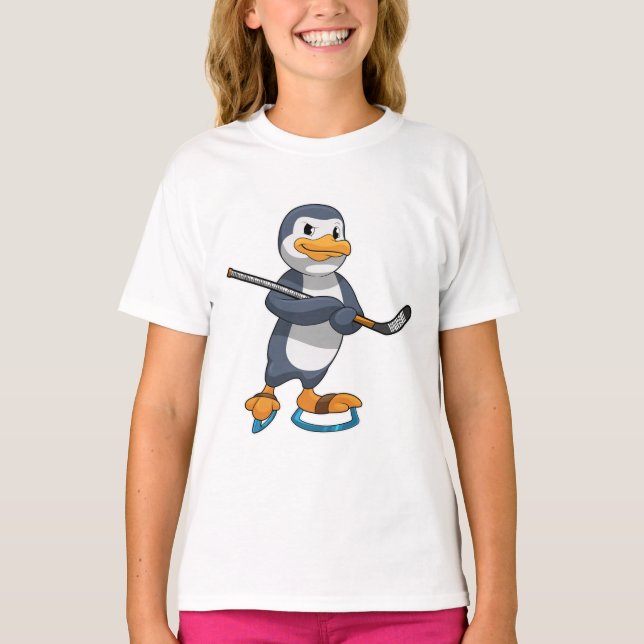 Penguin at Ice hockey with Ice hockey stick T-Shirt (Front)