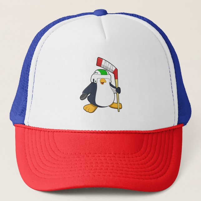 Penguin at Ice hockey with Ice hockey stick Trucker Hat (Front)