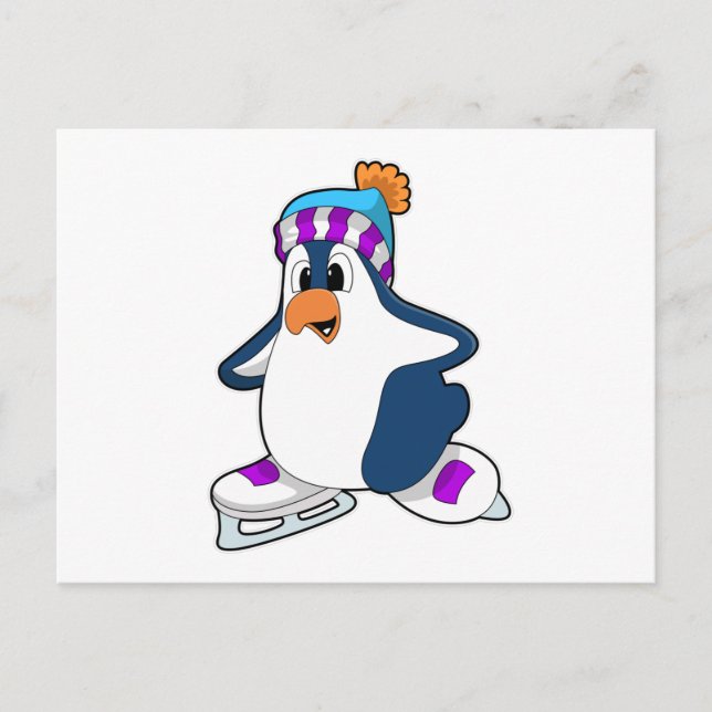 Penguin at Ice skating with Ice skates Postcard (Front)