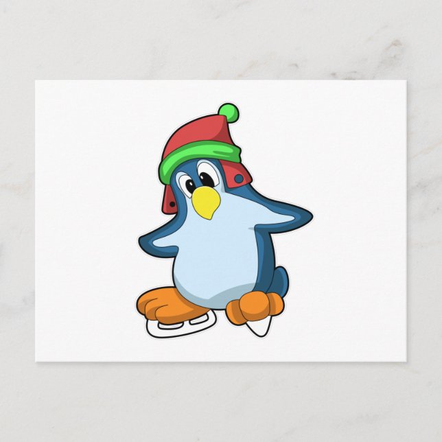 Penguin at Ice skating with Ice skates Postcard (Front)