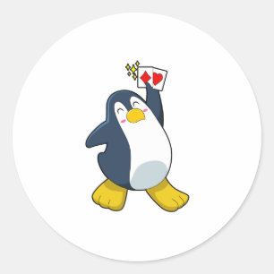 Penguin at Poker with Poker cards Classic Round Sticker