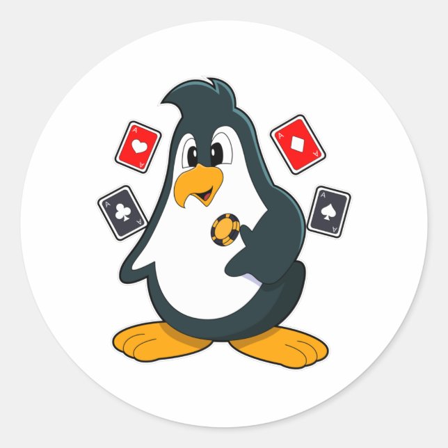 Penguin at Poker with Poker cards Classic Round Sticker (Front)