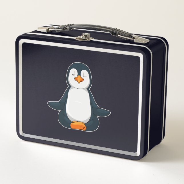 Penguin at Yoga Fitness in Sitting Metal Lunch Box (Front)