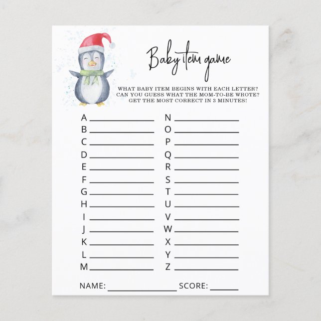 Penguin - Baby Item Game. Baby Shower Game (Front)
