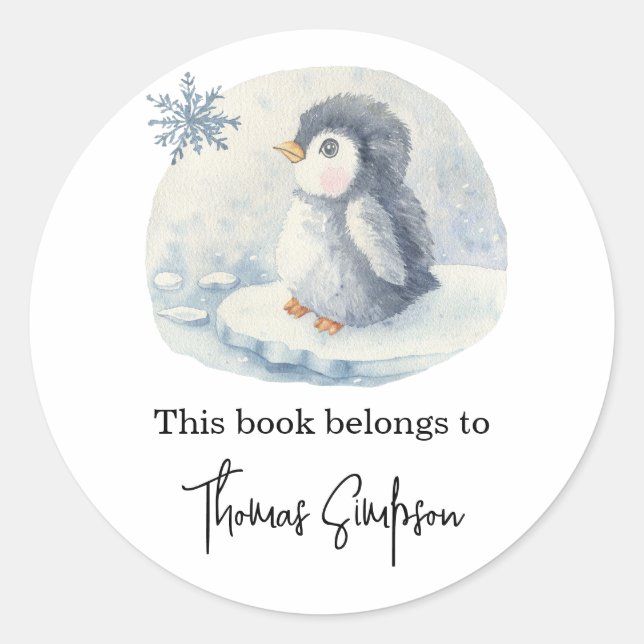 Penguin - baby shower bookplate classic round sticker (Front)