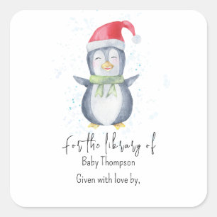 Penguin - baby shower bookplate square sticker