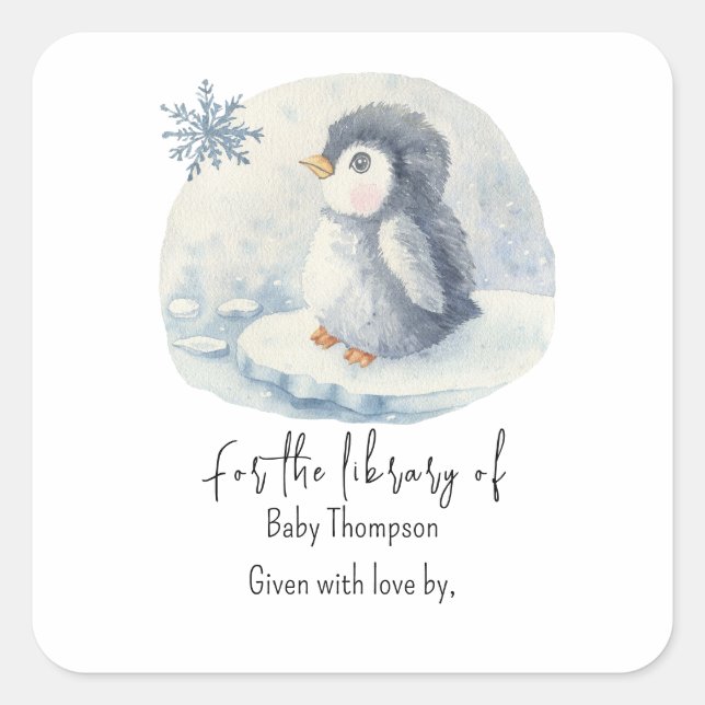 Penguin - baby shower bookplate square sticker (Front)