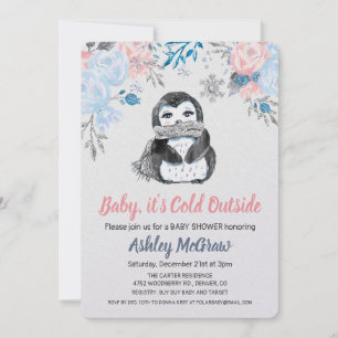 Penguin Baby Shower Floral Invitation