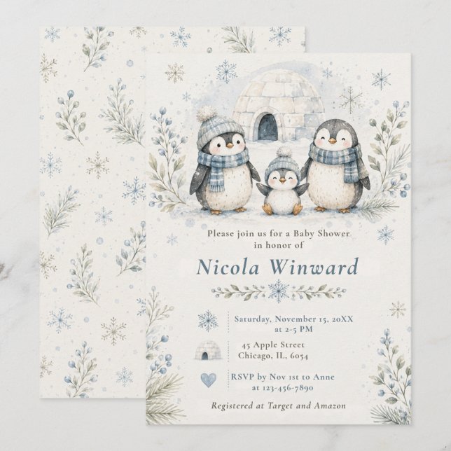 Penguin Baby Shower Invitation (Front/Back)