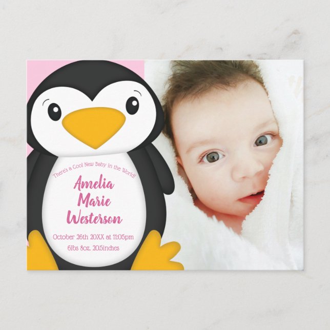 Penguin Baby Shower Pink Girl Postcard (Front)