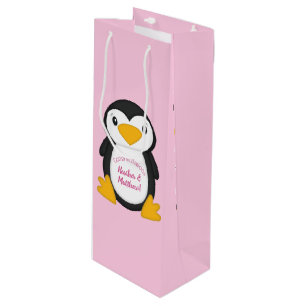 Penguin Baby Shower Pink Wine Gift Bag