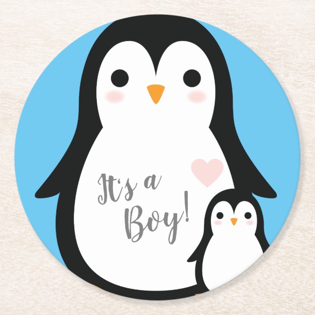 Penguin Baby Shower Round Paper Coaster (Front)