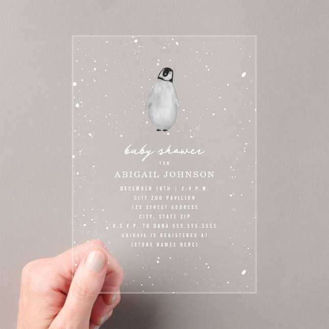 Penguin Baby Shower Winter Snow Neutral Acrylic Invitations (Insitu (Handheld))