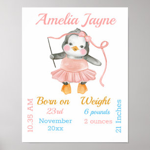 Penguin Ballerina Pink Baby Girl Stats Poster