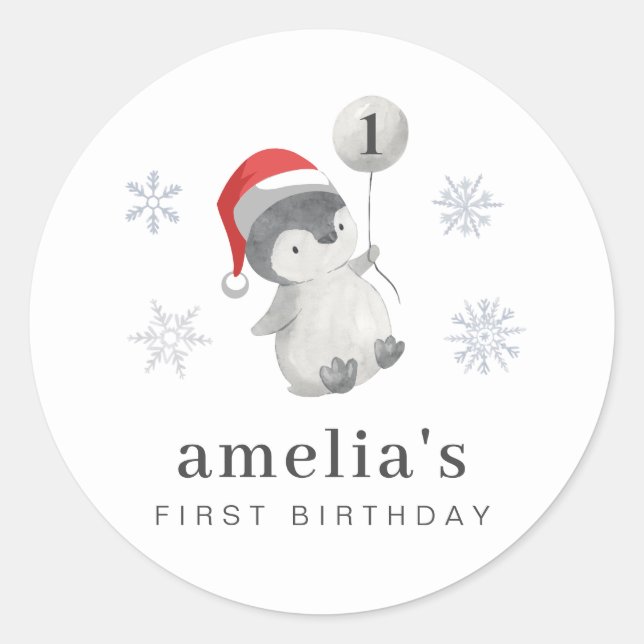 Penguin Balloon 1st Birthday Classic Round Sticker (Front)