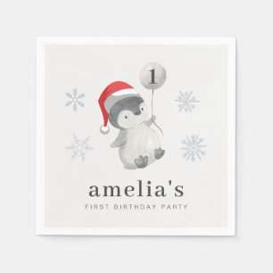 Penguin Balloon 1st Birthday Napkin