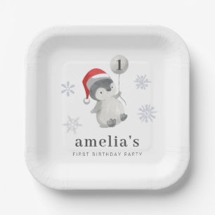 Penguin Balloon 1st Birthday Paper Plate