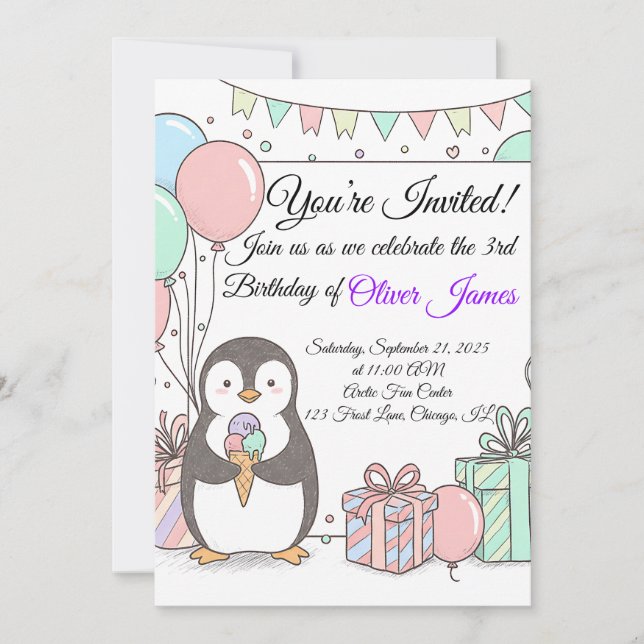 Penguin Birthday Invitation – Cute Kids Party (Front)