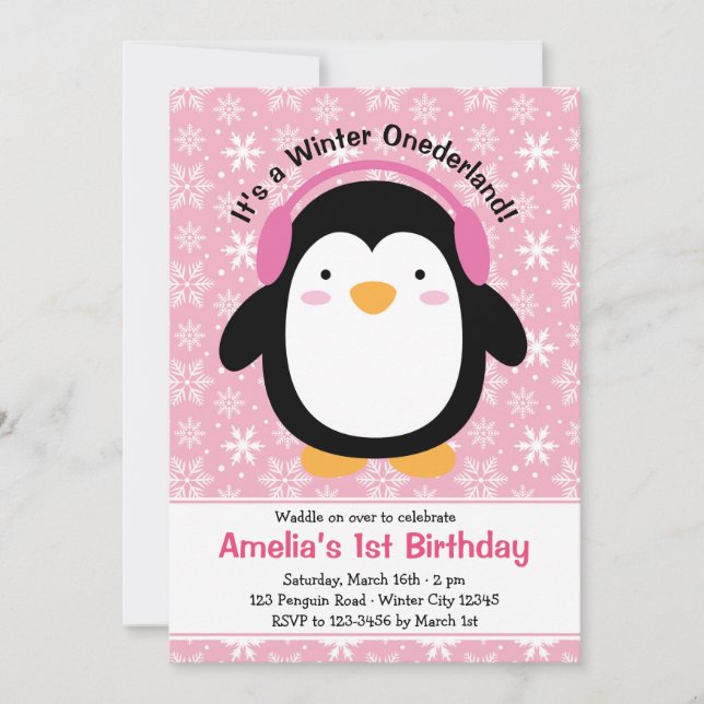 Penguin Birthday Invitations (Pink for Girls) (Front)