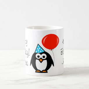 Penguin Birthday mug with red balloon and name