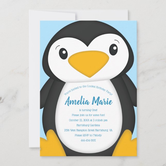 Penguin Birthday Party Blue Invitation (Front)
