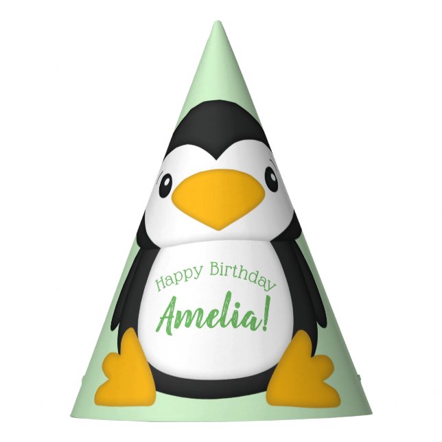 Penguin Birthday Party Green Party Hat (Front)