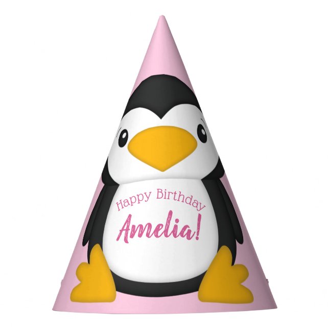 Penguin Birthday Party Pink Party Hat (Front)