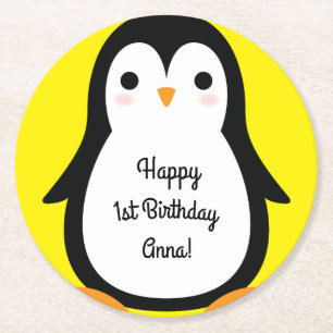 Penguin Birthday Party Round Paper Coaster