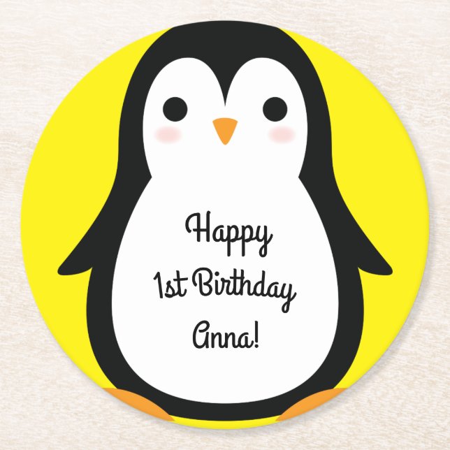 Penguin Birthday Party Round Paper Coaster (Front)