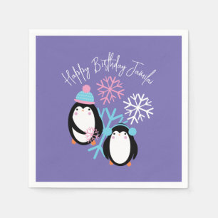 Penguin Birthday Snowflakes Pink Blue Winter Party Napkin