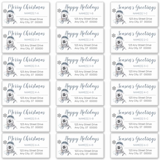 Penguin Blue | Grey Christmas Address Labels (Front)