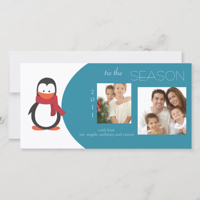 Penguin Blue Holiday Photo Card (Front)