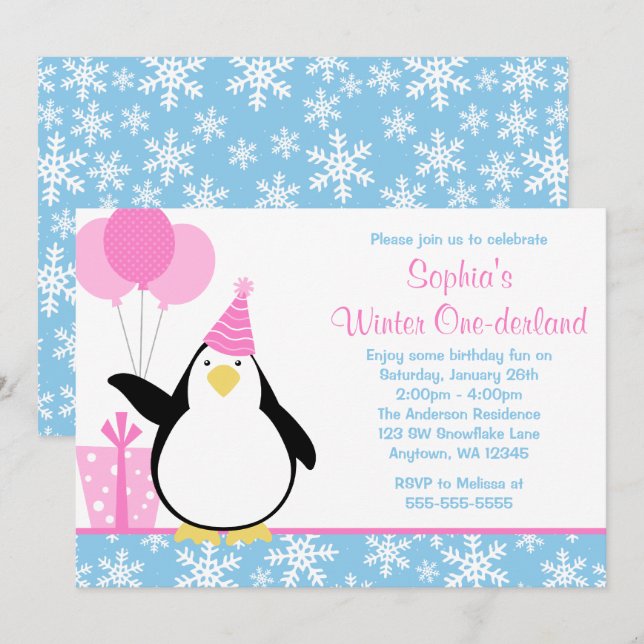 Penguin Blue Snowflakes Winter Onederland Birthday Invitation (Front/Back)