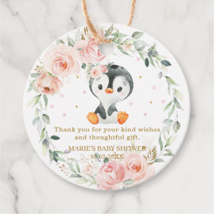 Penguin Blush Floral Baby Shower Birthday Party Favour Tags