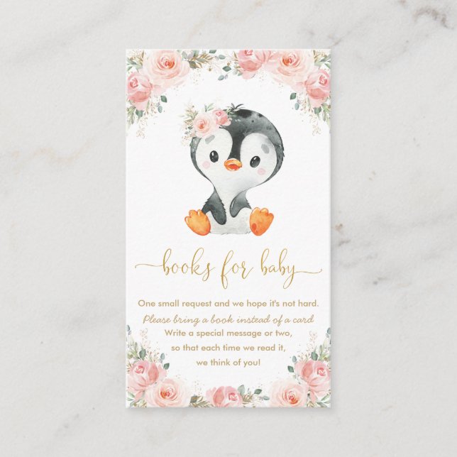 Penguin Blush Pink Floral Bring Books for Baby  Enclosure Card (Front)