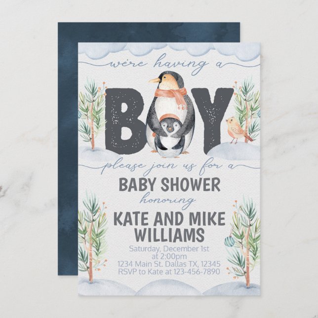 Penguin Boy Baby Shower Invitation Invite (Front/Back)