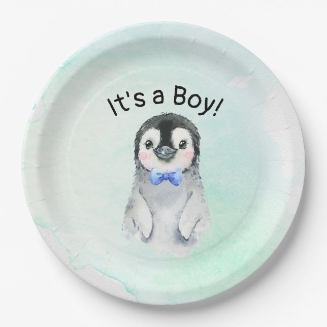 Penguin Boy Winter Baby Shower Paper Plate (Front)