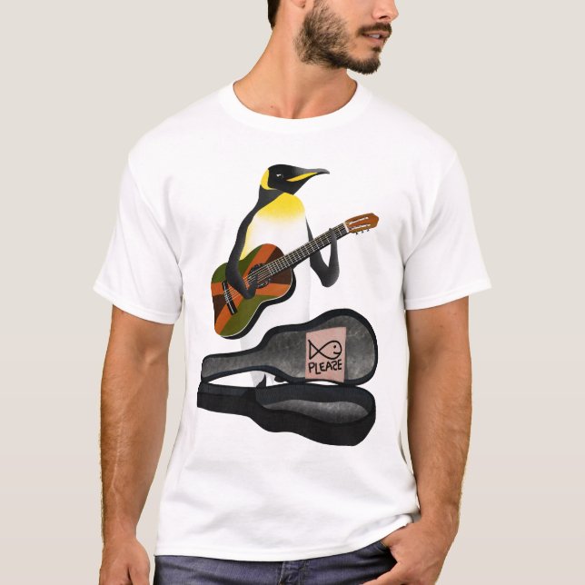 Penguin busking playing guitar T-Shirt (Front)