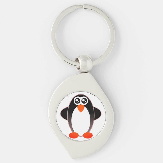Penguin, Cartoon, Black And White Key Ring (Front)