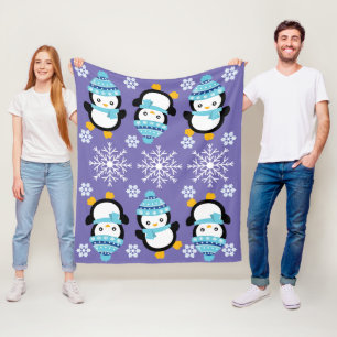 Penguin cartoon cold winter snowflake fleece blue blanket